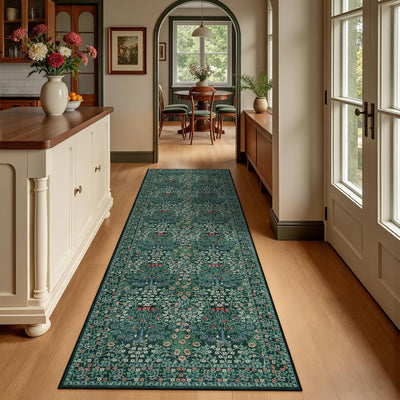 Alfombra pasillo 2x6ft diseño floral antideslizante verde