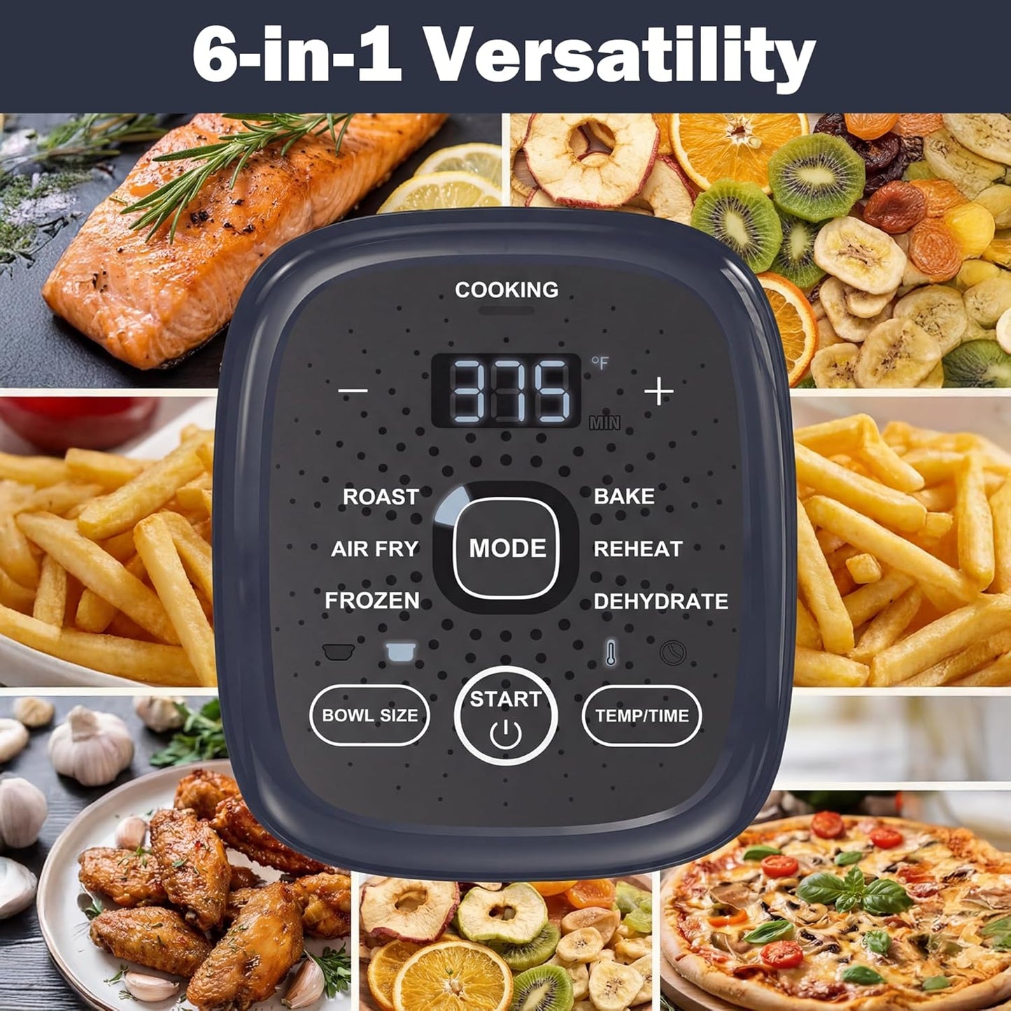 Freidora aire vidrio 6en1 horno encimera 1500W cuencos 2.6-4.7qt