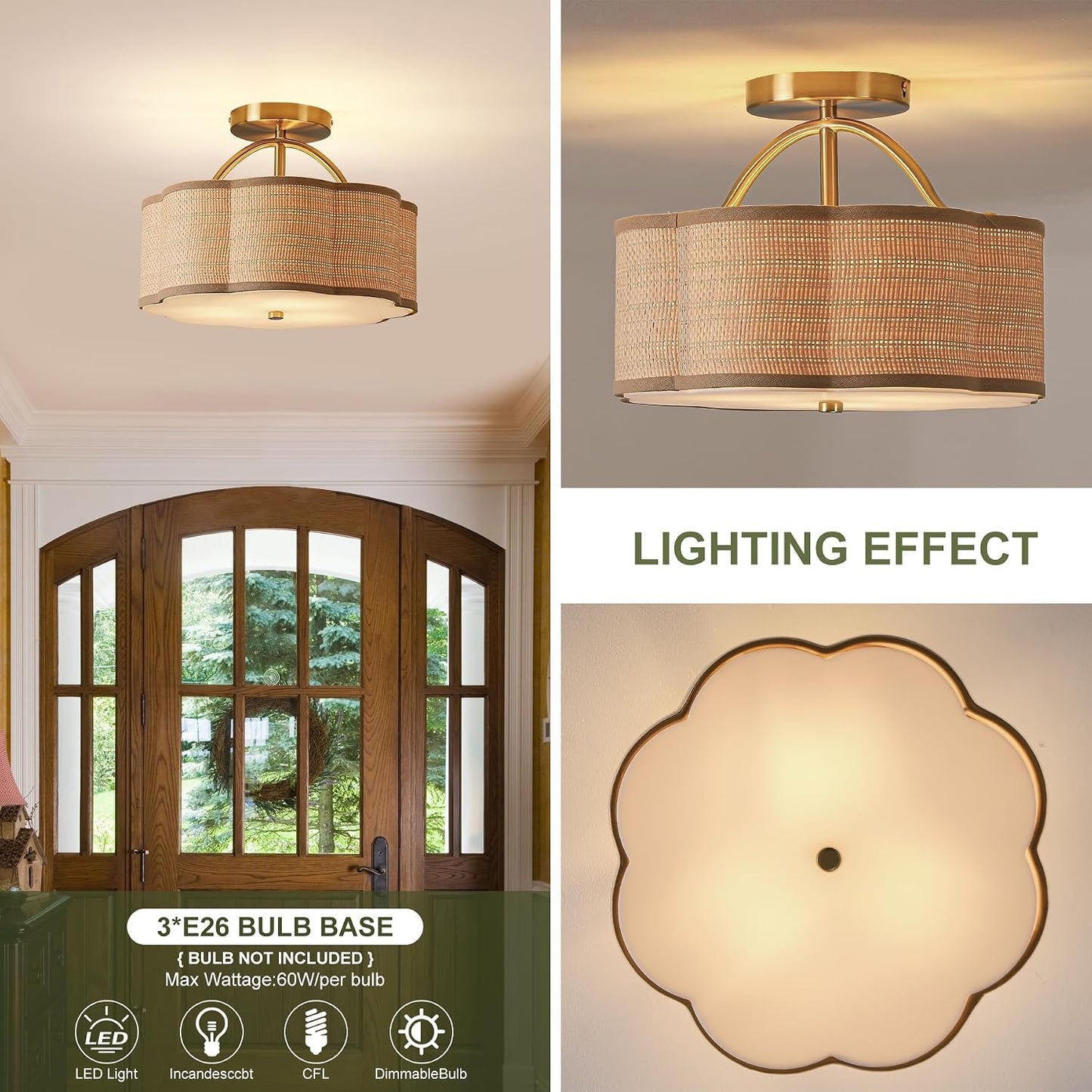 Lámpara techo ratán 13pulg 3 luces estilo bohemio