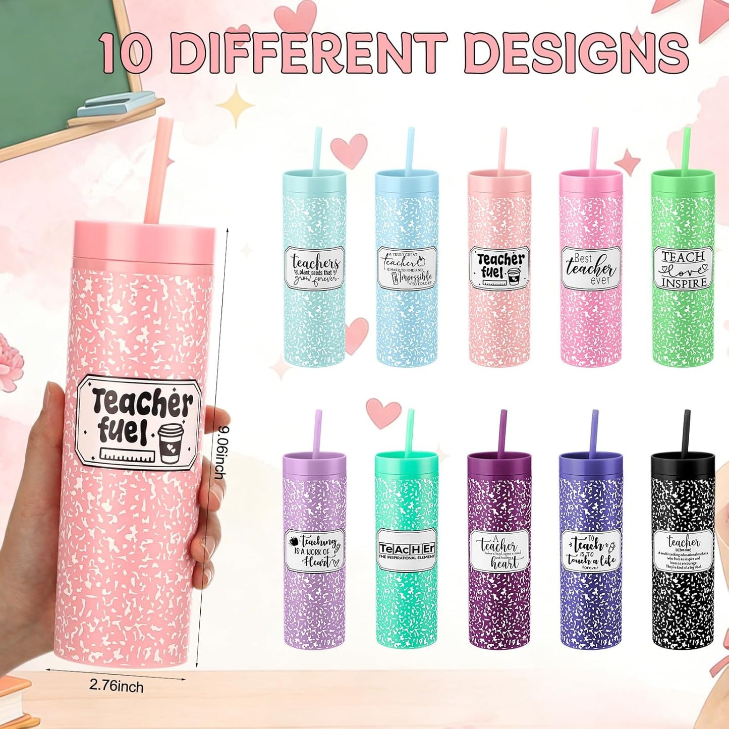 10 Vasos Plástico 16oz Con Tapa Pajilla Regalo Profesor