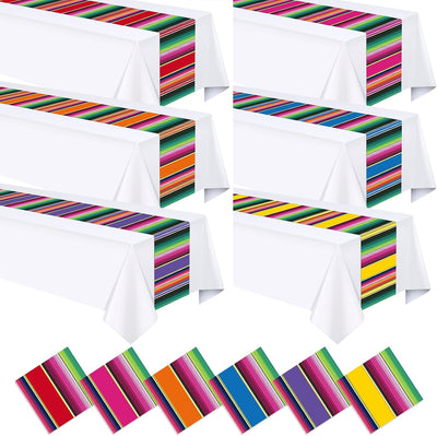 Camino de mesa para fiesta mexicana de 5 de Mayo con decoraciones plásticas a rayas