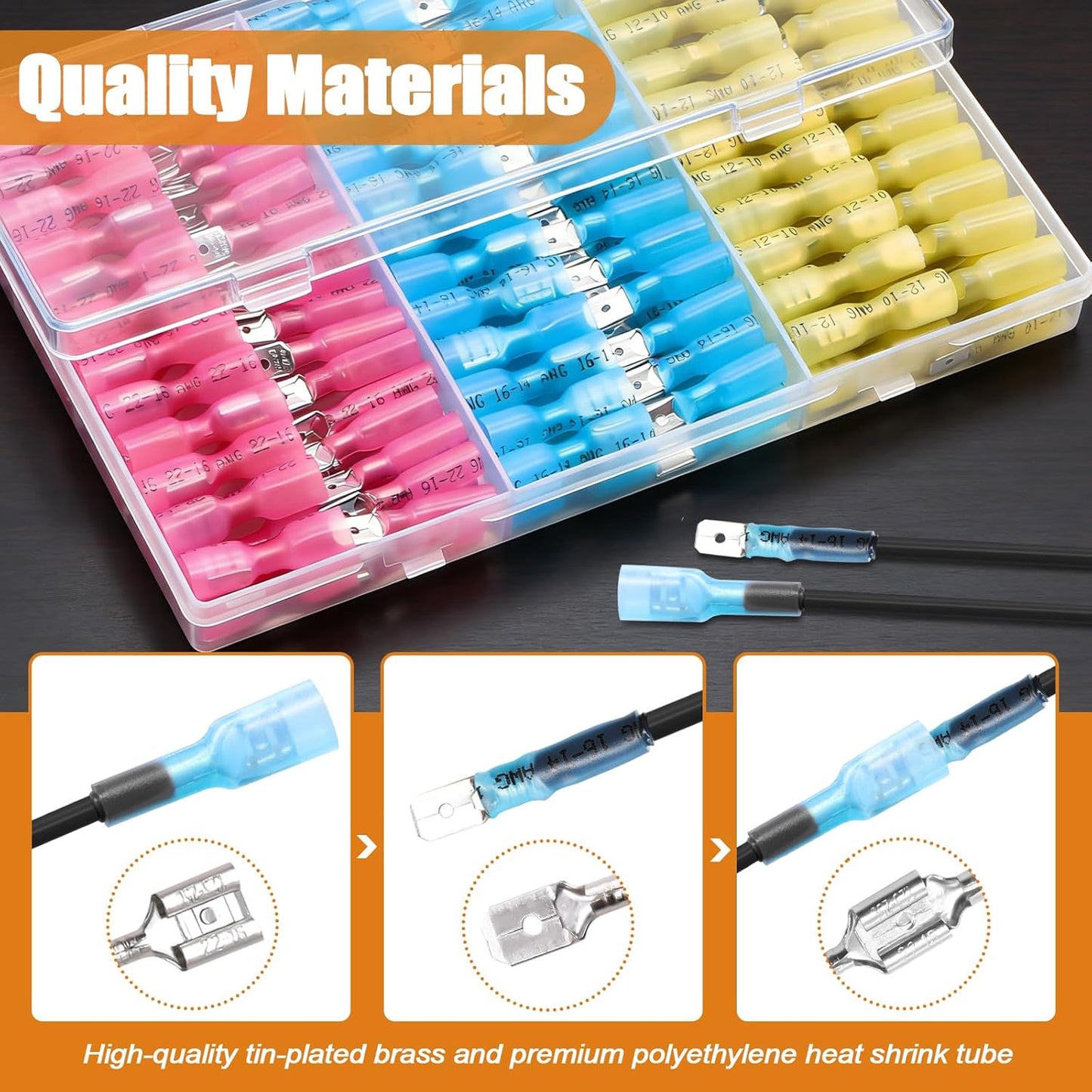 Kit 100 conectores termorretráctiles AWG 22-10 amarillo rojo azul
