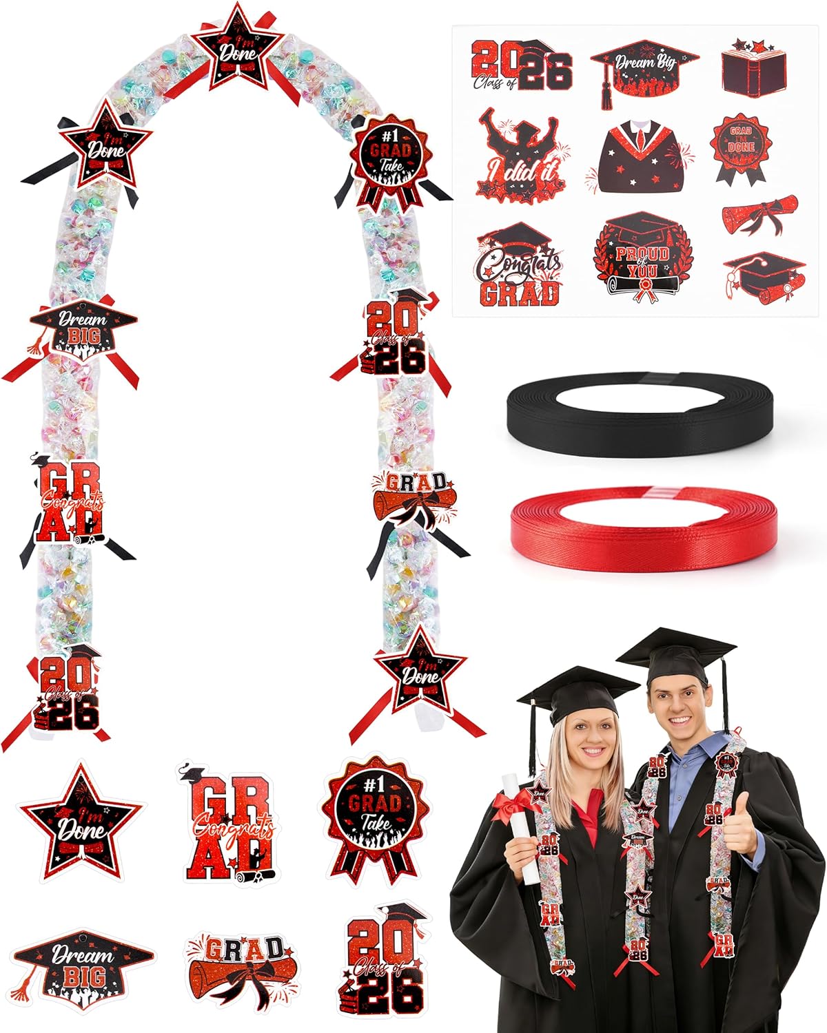 Kit para hacer leis de graduación 2026 con tubos y cintas rojas y negras