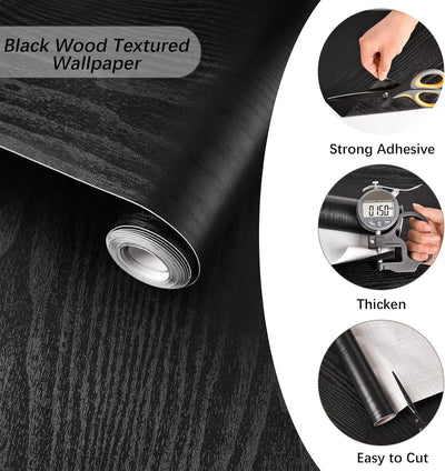Papel tapiz madera negra impermeable autoadhesivo 197x17.7pulg