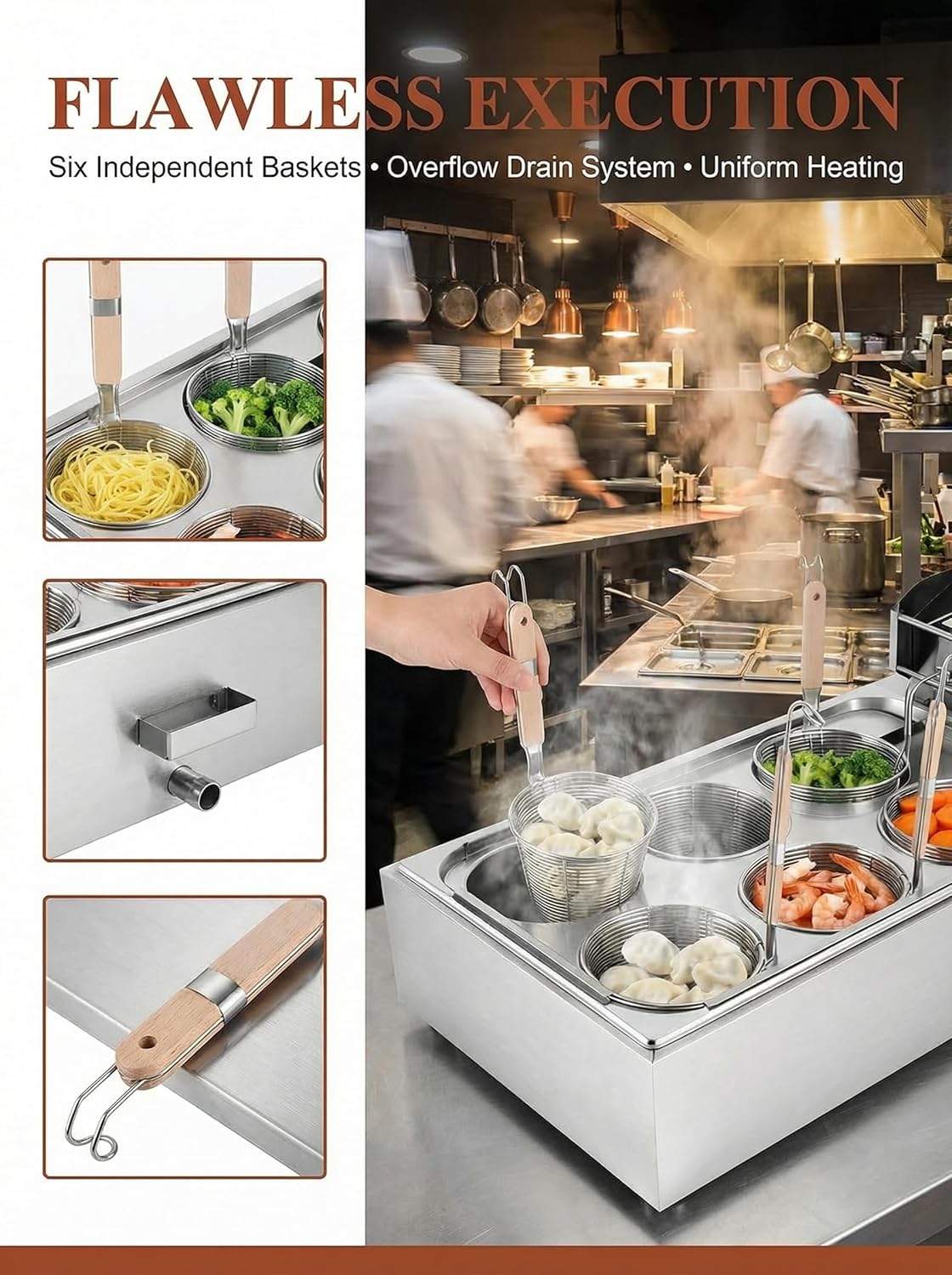 Cocina eléctrica pastas 6 canastas acero inox 110V control temp