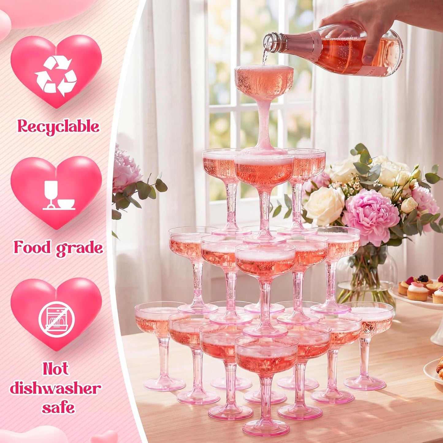 50 Copas Champán Plástico 7oz Apilables Rosa Clásico