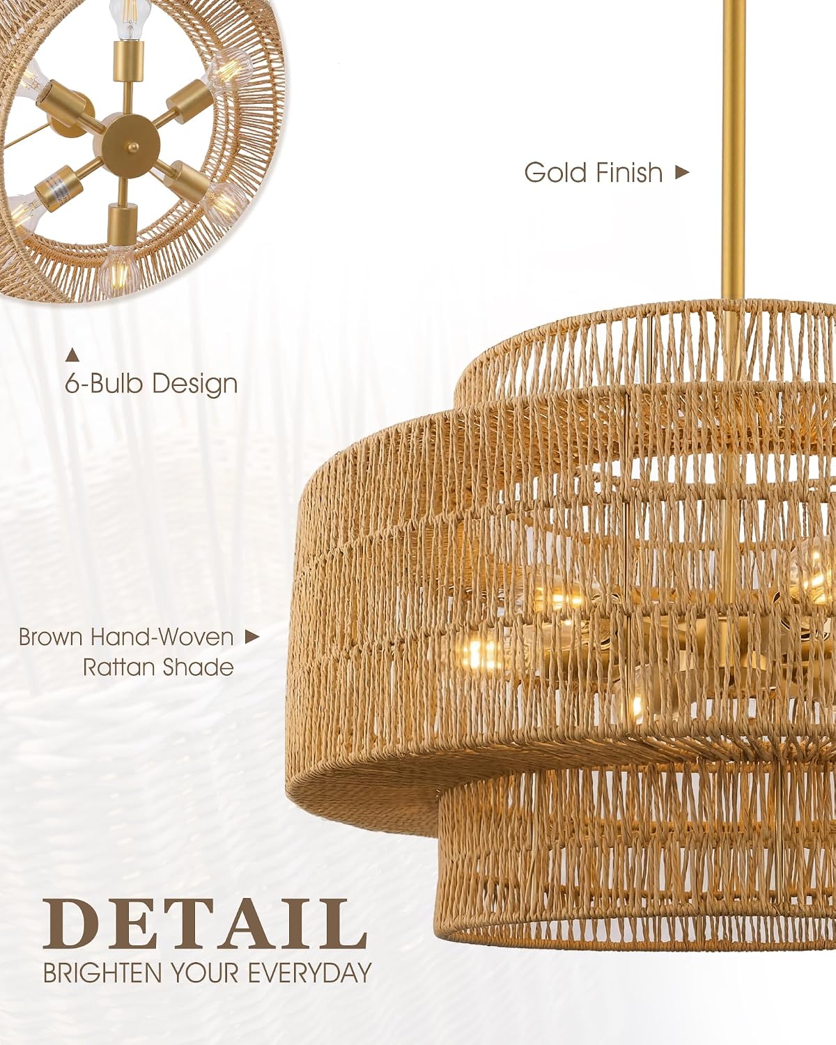 Lámpara araña ratán bohemio 24pulg 6 luces dorado sala
