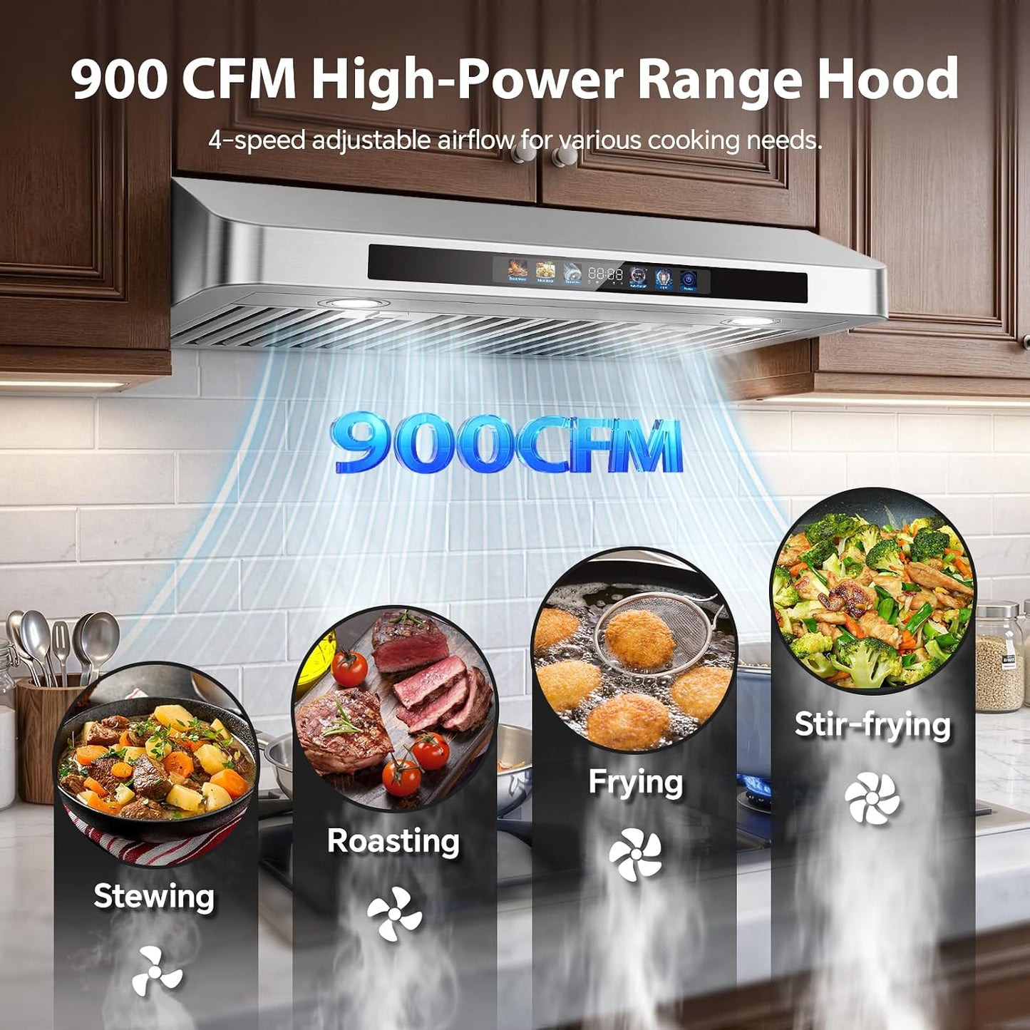 Campana extractora 30pulg 900CFM cocina inteligente 4 velocidades