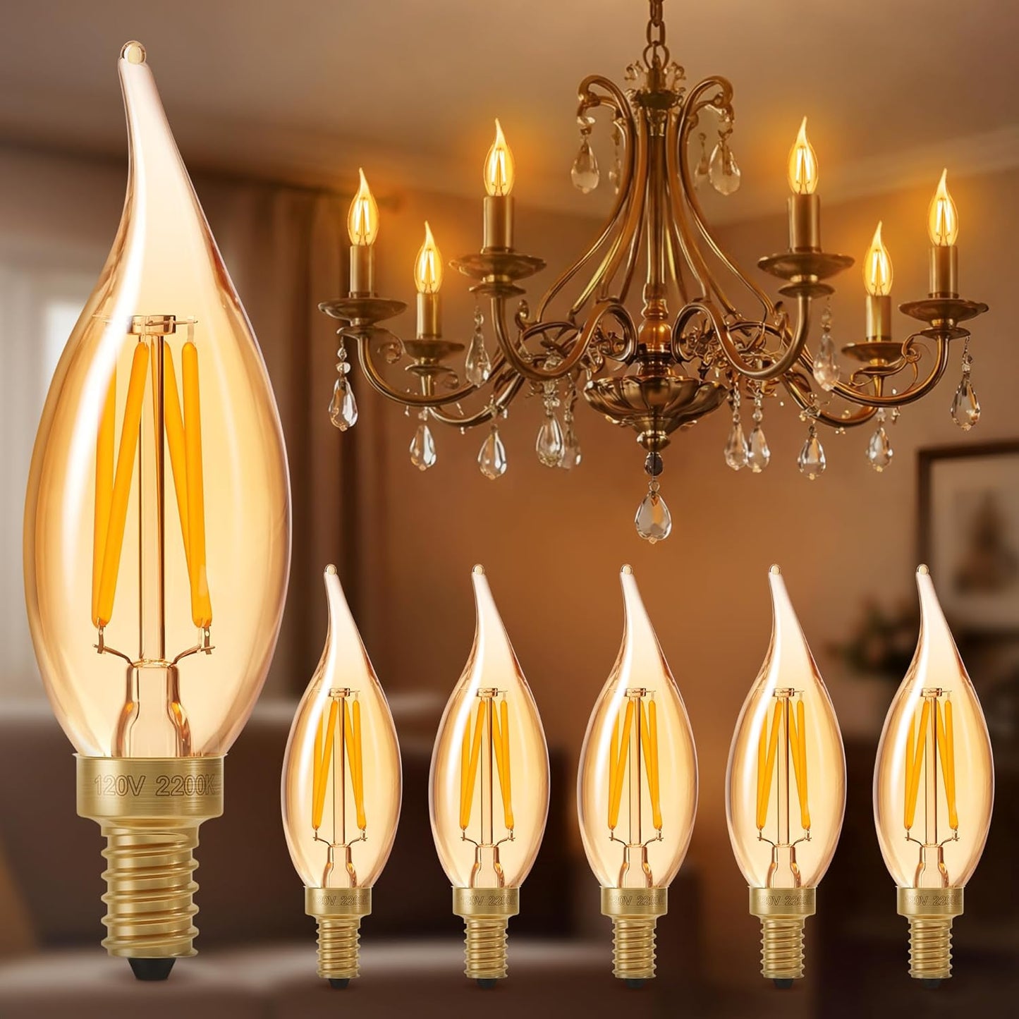 Bombilla LED E12 ámbar regulable 4W 2200K brillo vintage