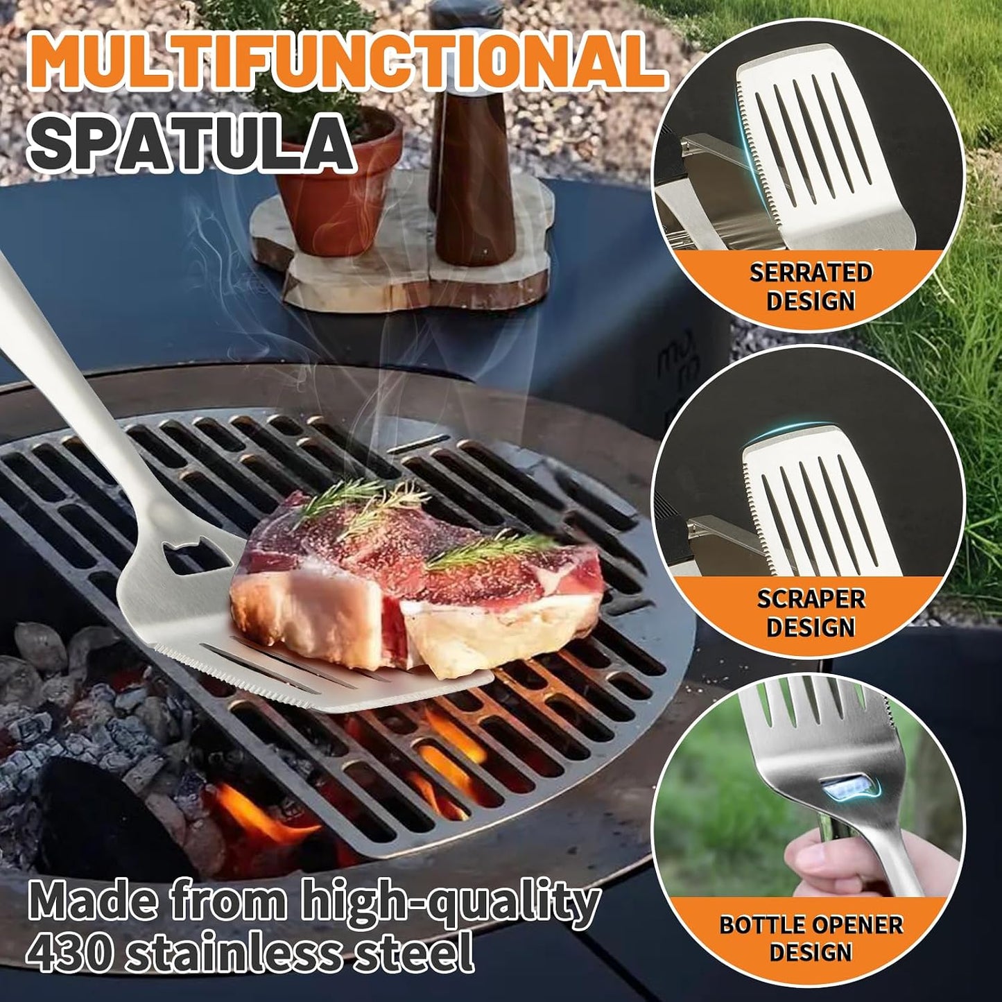 Set 6 Herramientas Parrilla Acero Inox Asar al Aire Libre
