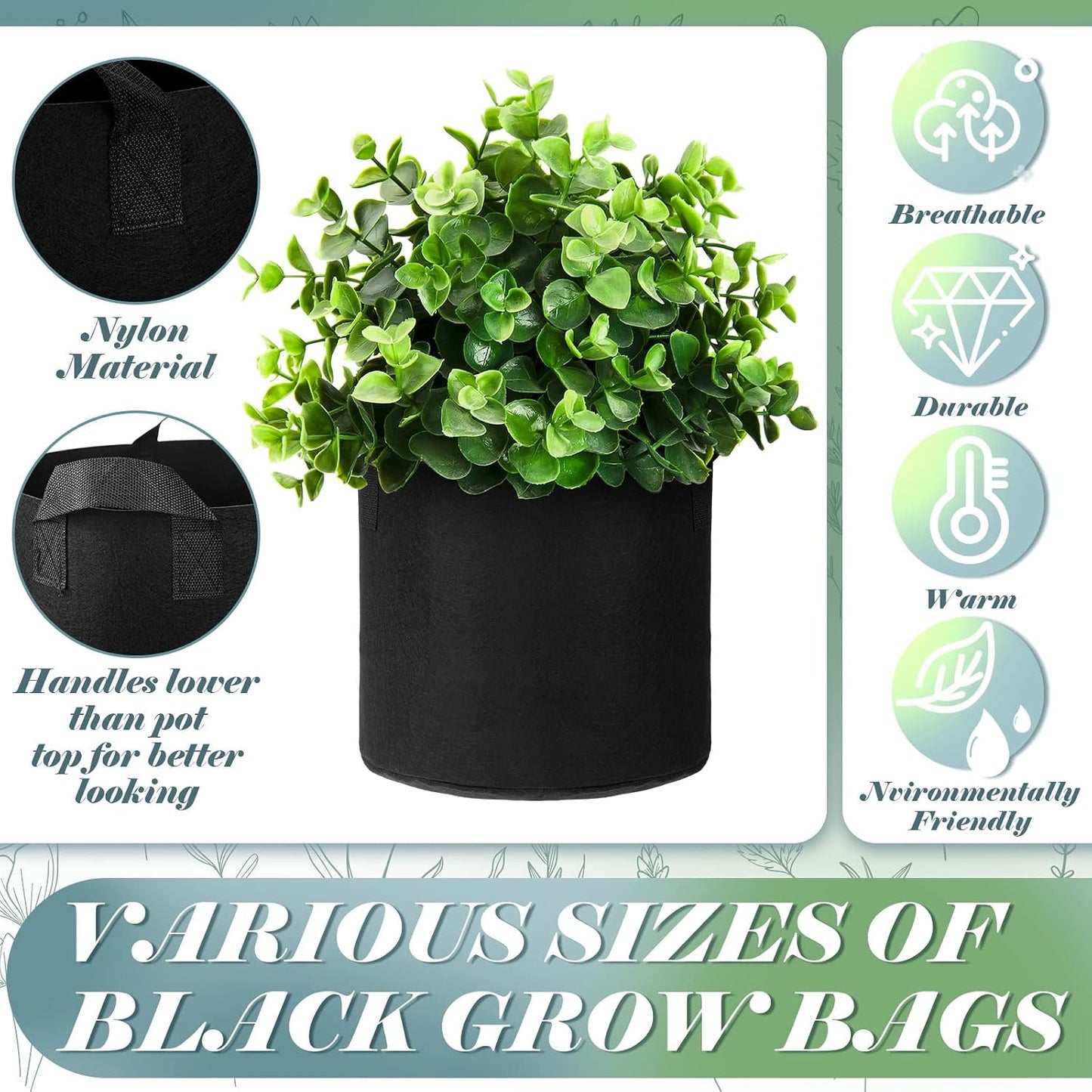 7 Pzas Bolsas Cultivo Plantas 10-3 Galones con Asas