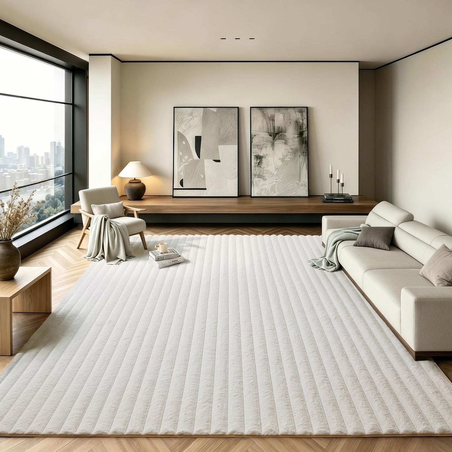 Alfombra felpa rayas conejo blanco 8x10ft sala