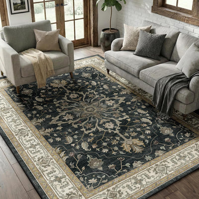 Alfombra área 5x7ft antideslizante patrón vintage negro marrón