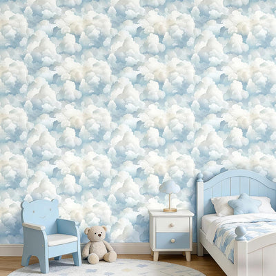 Papel tapiz nubes acuarela azul pastel y blanco para armarios