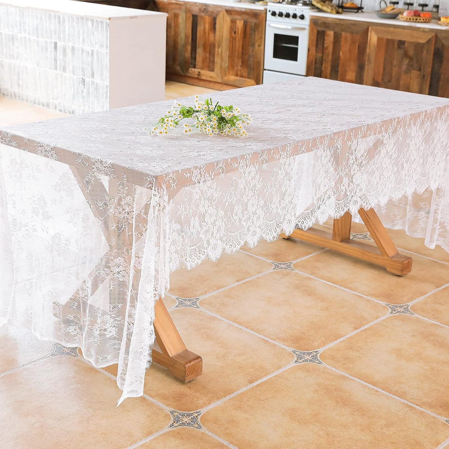Mantel de encaje blanco 60 x 120 pulgadas rectangular vintage para mesa de comedor