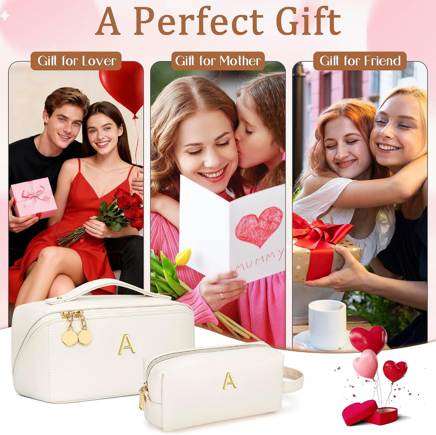 Bolsa maquillaje personalizada con asa beige piel sintética