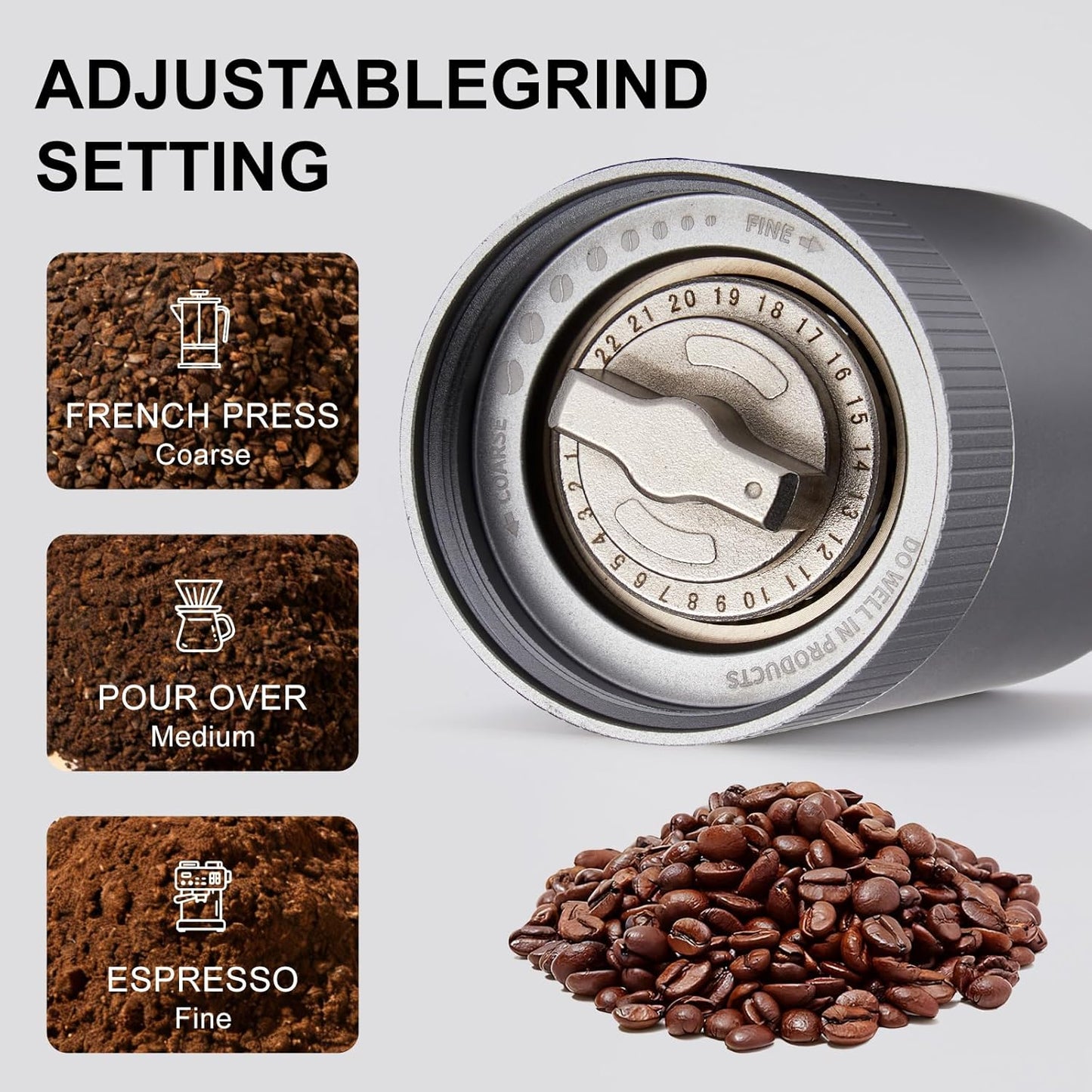 Molinillo café manual acero inox CNC ajustable para viaje