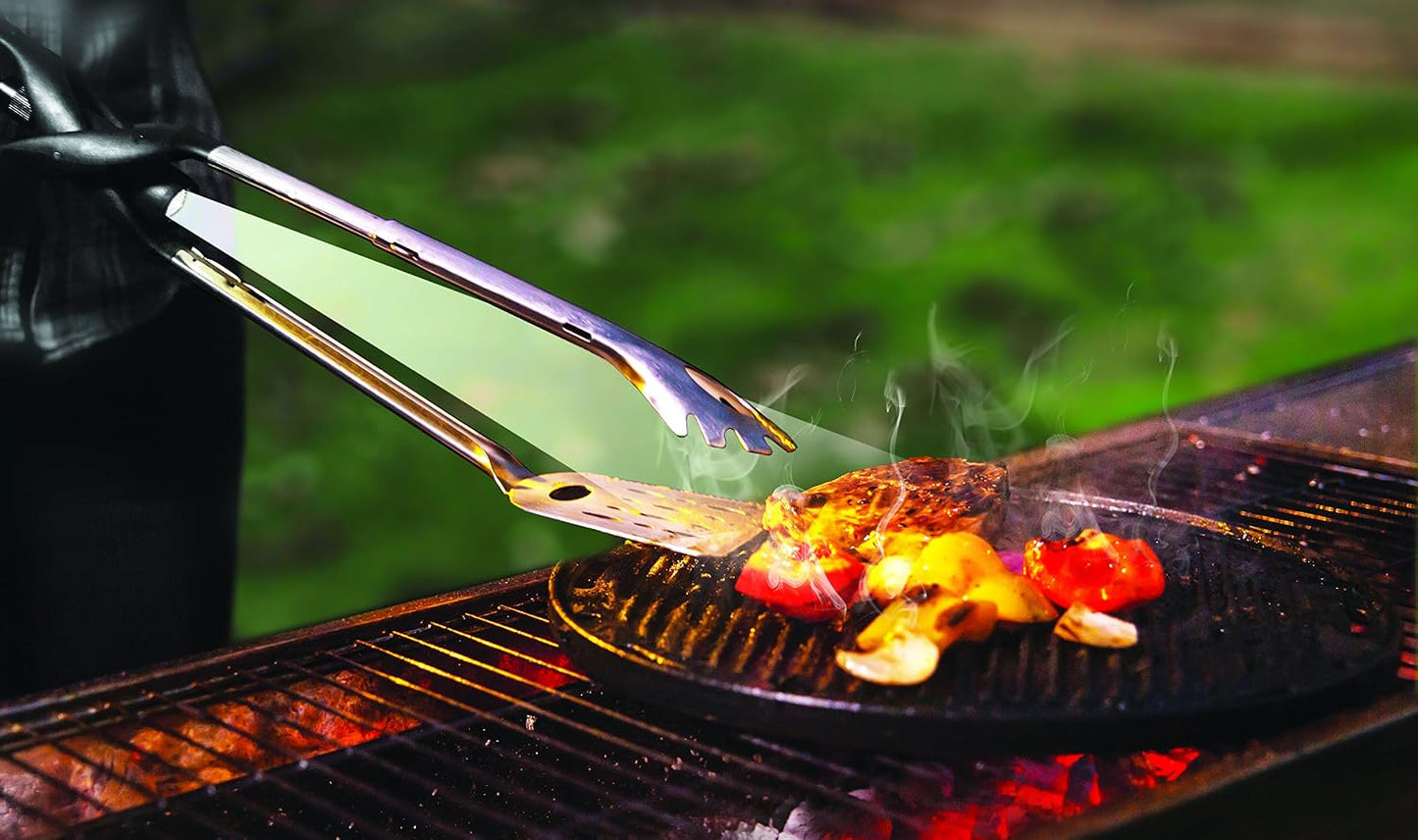 Herramienta parrilla 6en1 con linterna LED espátula pinzas cuchillo
