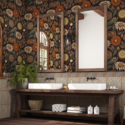 Papel tapiz floral negro autoadhesivo 17.5x118pulg