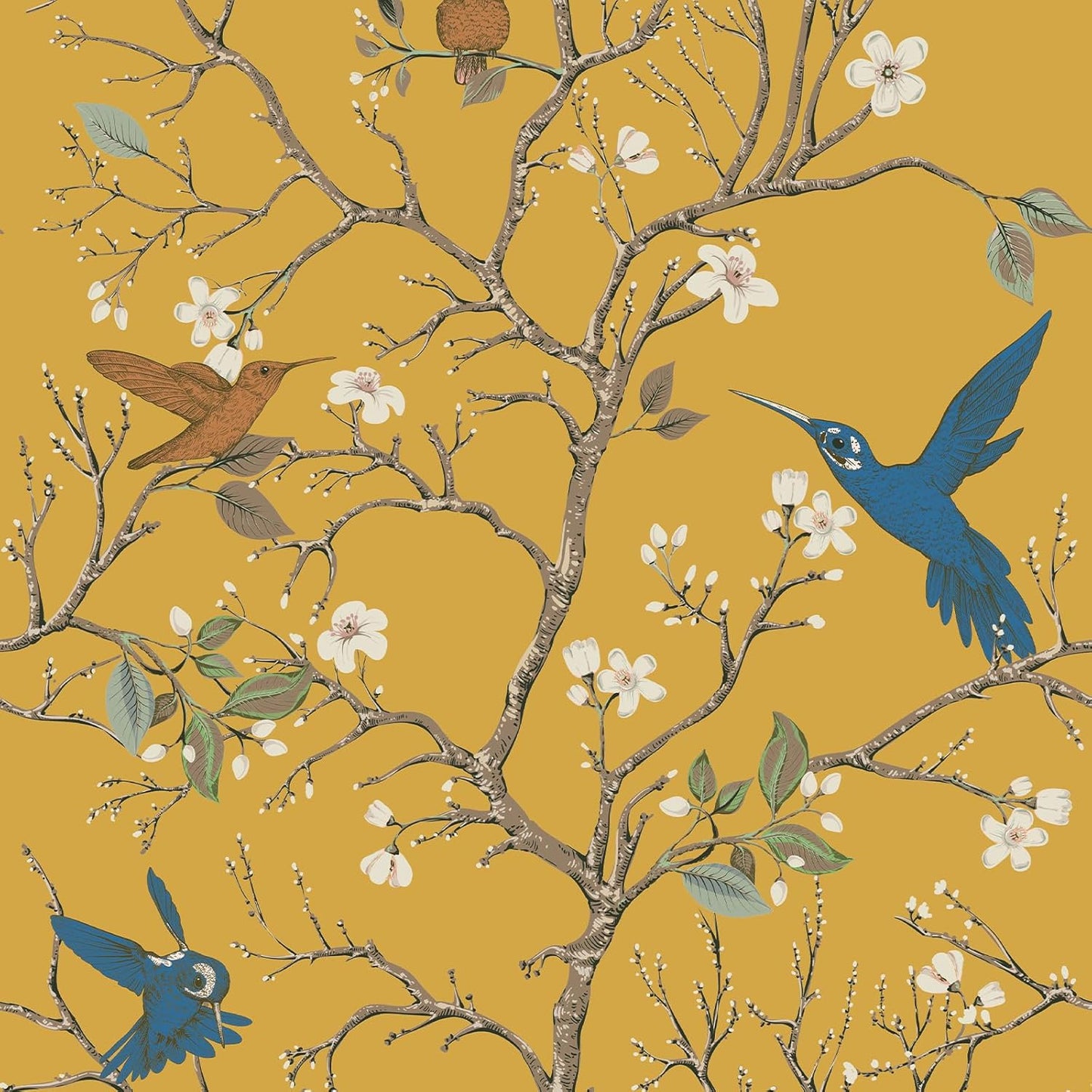 Papel tapiz autoadhesivo diseño pájaros y floral amarillo