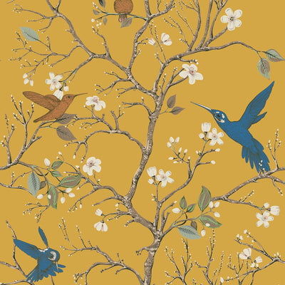 Papel tapiz autoadhesivo diseño pájaros y floral amarillo