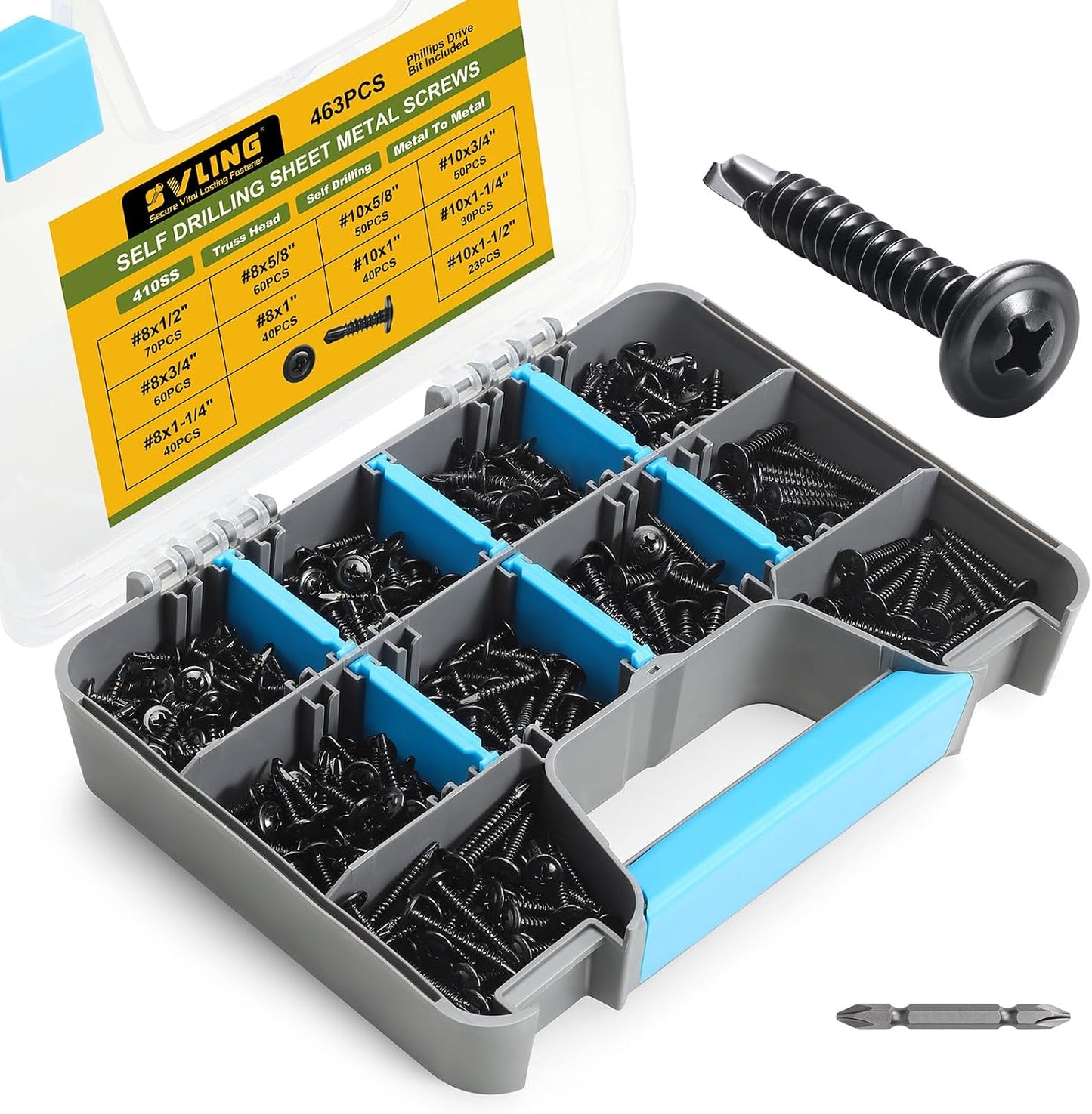 Kit surtido tornillos autorroscantes negros 463 pzas acero inox 410