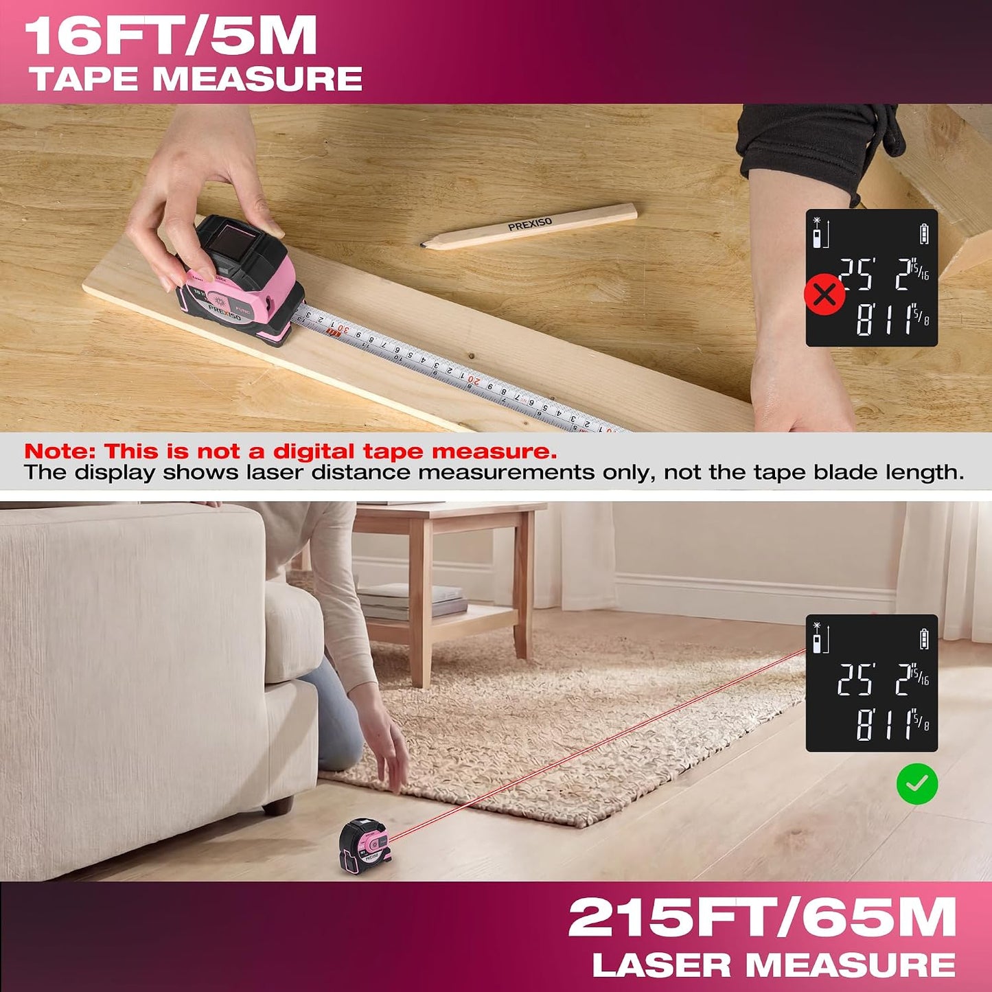 Cinta métrica láser 2en1 215x16ft bloqueo automático