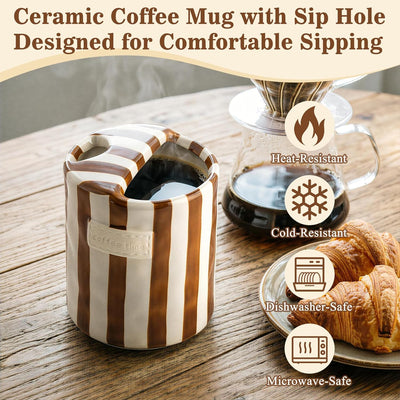 Taza de café de cerámica con agujero para sorber, taza de viaje 10 oz retro pintada a mano