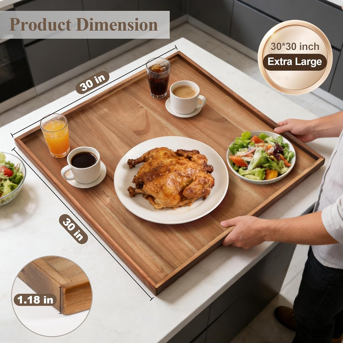 Bandeja cuadrada acacia grande 30x30pulg para mesa auxiliar