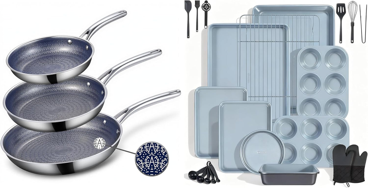 Set 3 Sartenes Acero Inox 8x9.5x11pulg y 22 Pzas Hornear