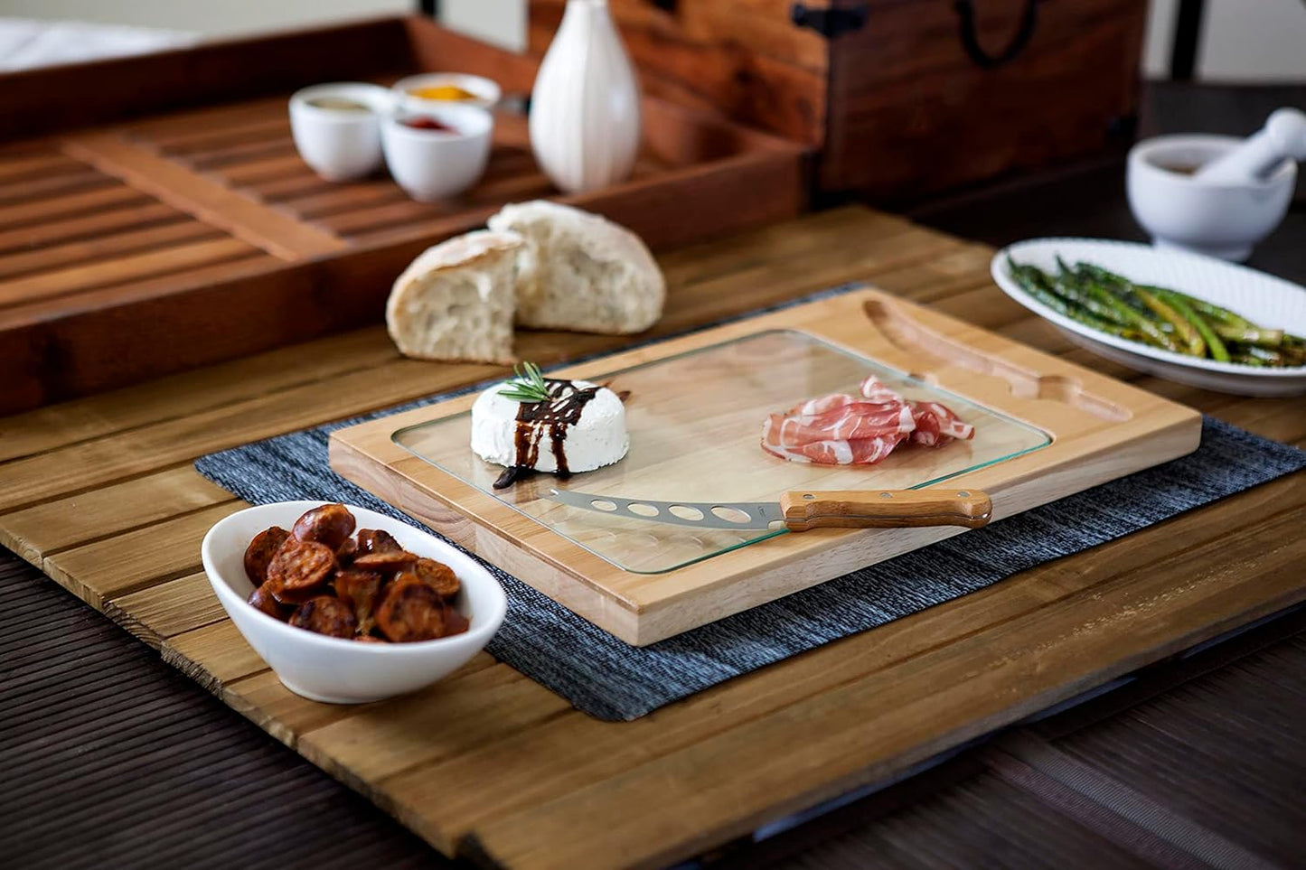 Juego tabla cortar y cuchillos vidrio con plato templado