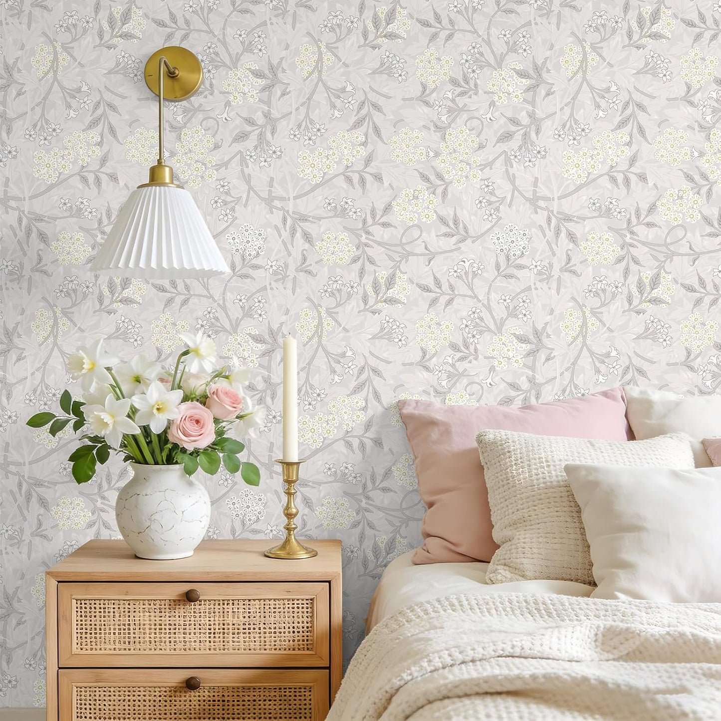 Papel tapiz floral gris William Morris despegable 17x118pulg