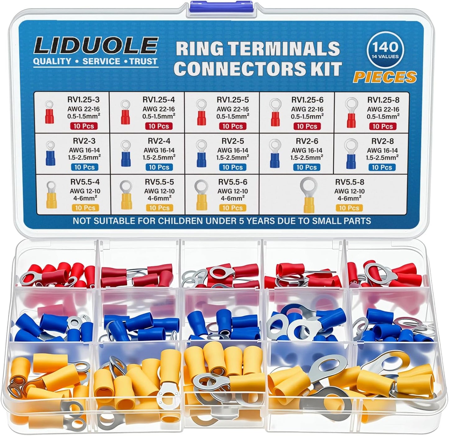 Kit terminales anillo 14 AWG crimpados aislados 140 pzas