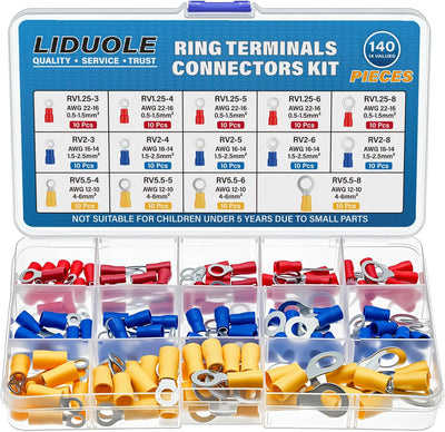 Kit terminales anillo 14 AWG crimpados aislados 140 pzas