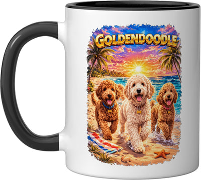 Taza cerámica Goldendoodle playa verano amante perro atardecer tropical negro/blanco