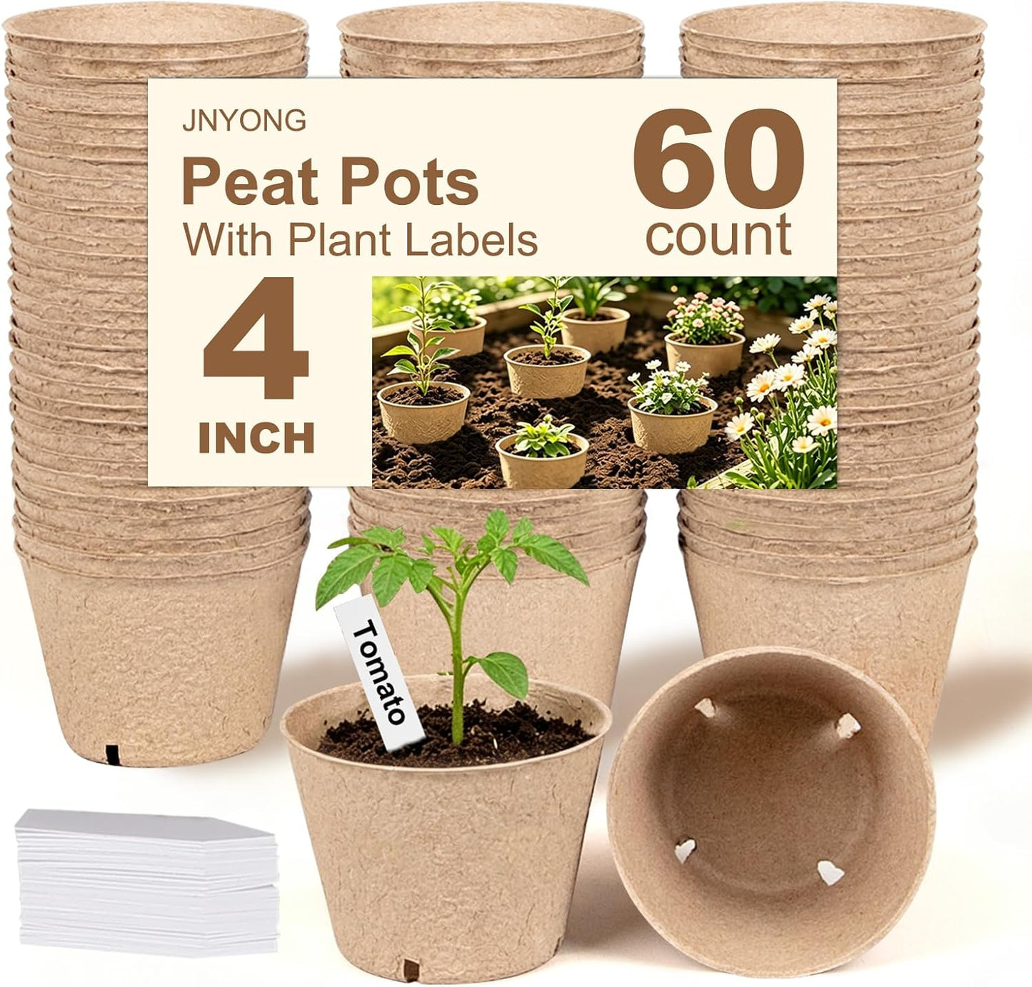 60 Pack Macetas Turba 4pulg Biodegradable con Etiquetas