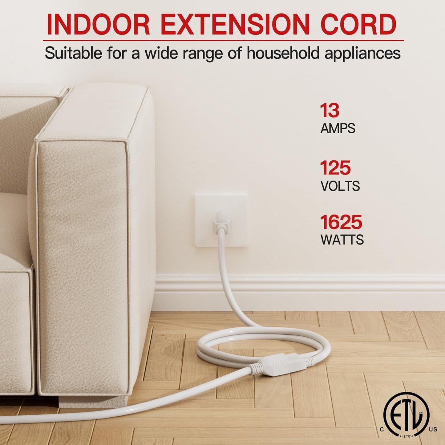 Cable extensión 16/3 interior 15ft blanco 13A 1625W
