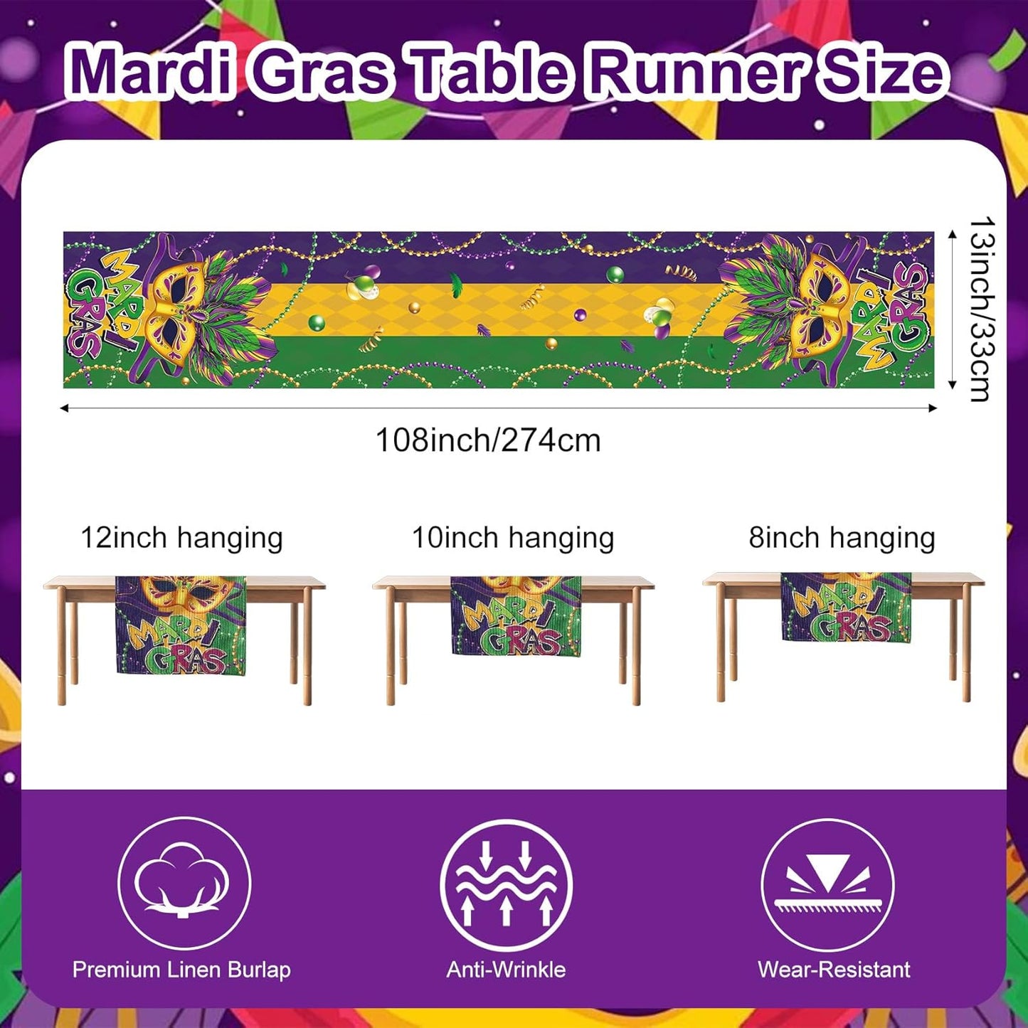 Camino de mesa Mardi Gras con máscara y flor de lis de Nueva Orleans