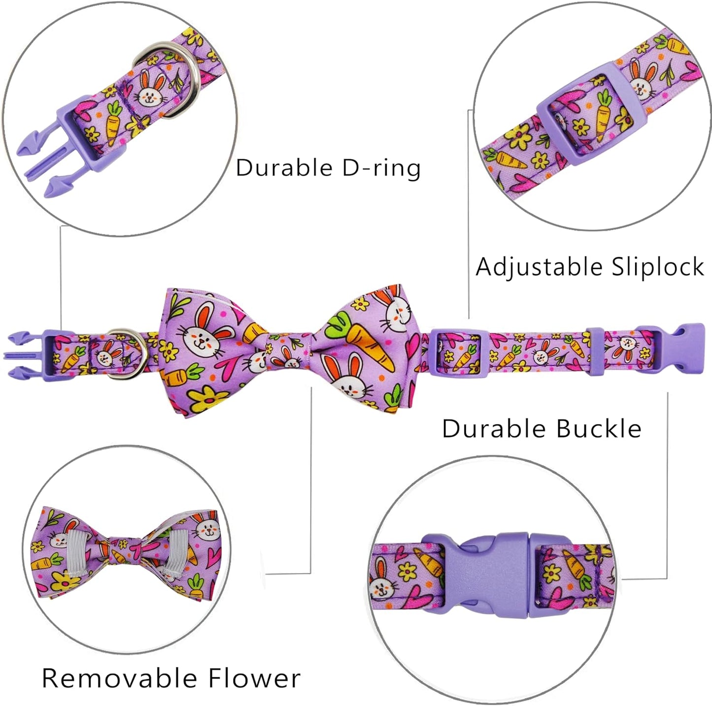 Collar Pascua perro ajustable patrón conejo morado zanahoria