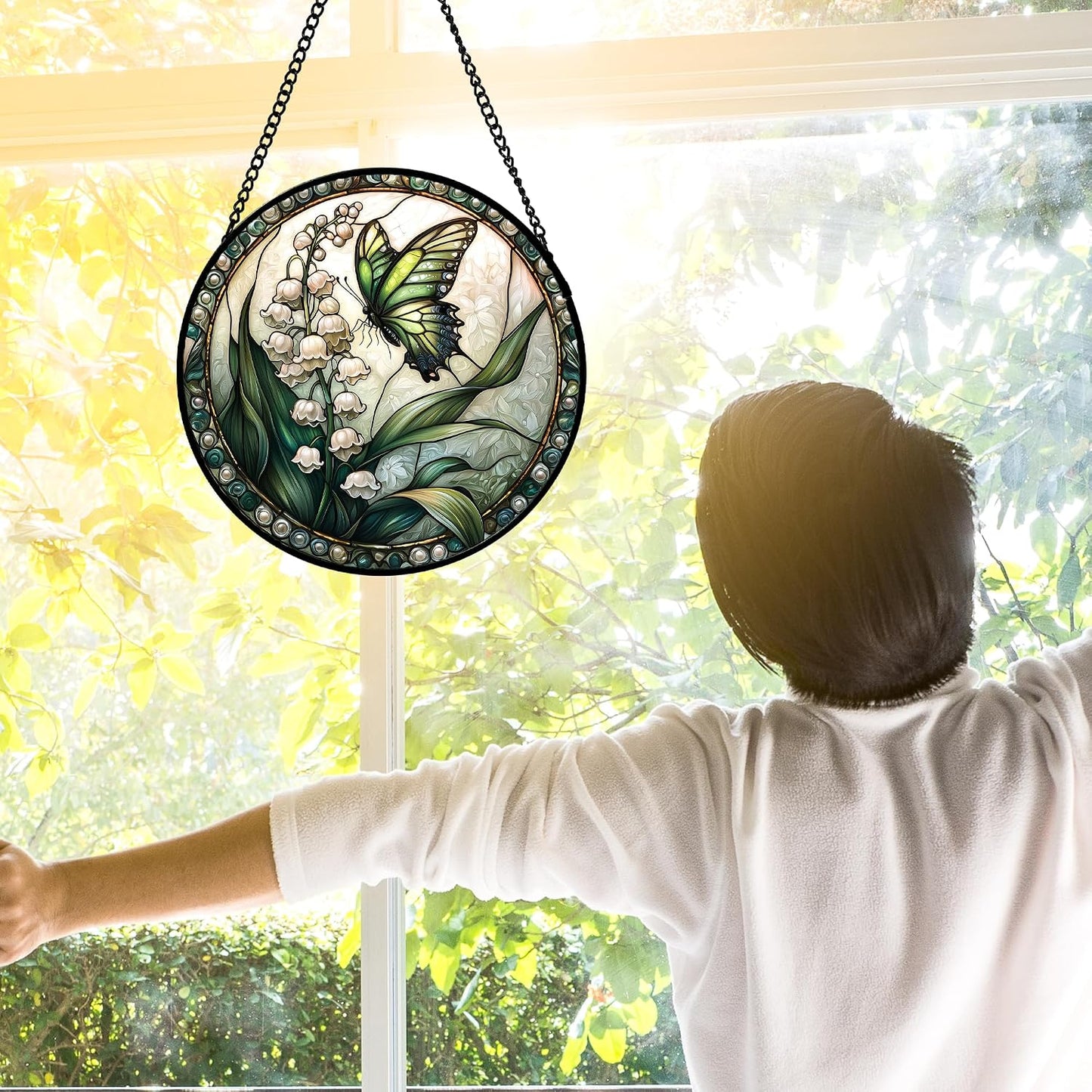 Colgante vidrio emplomado lirio mariposa atrapasol hogar decoración