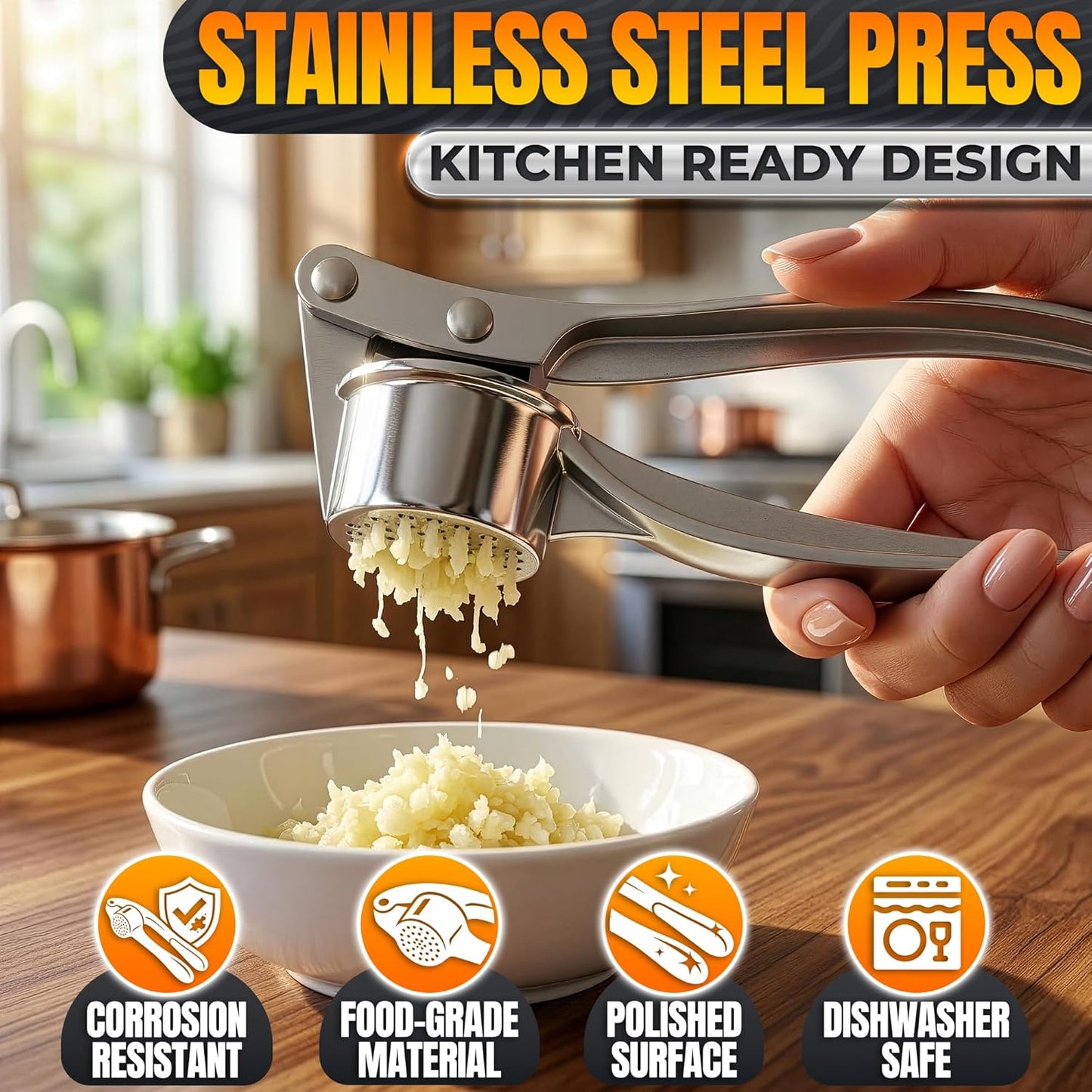 Prensa de ajo inoxidable con 37 pernos para ajo, jengibre y nueces