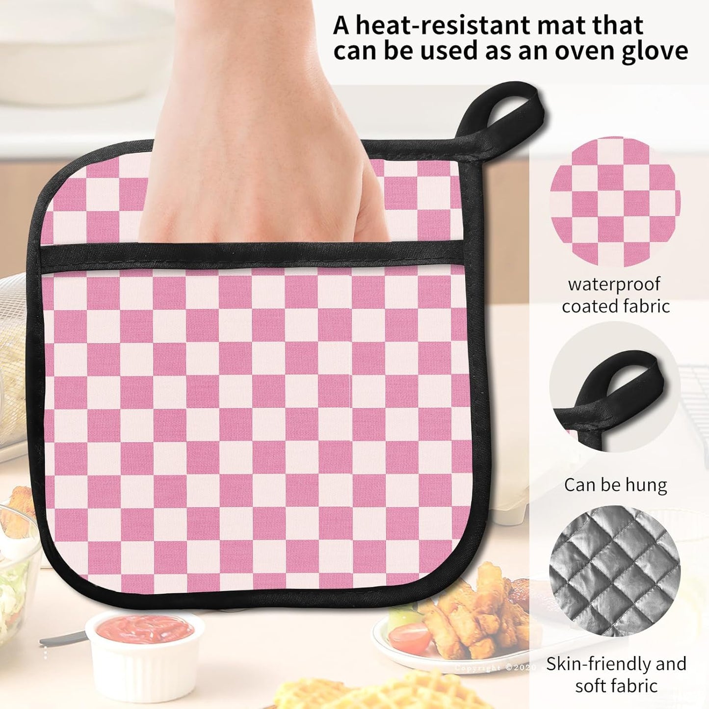 Set 2 fundas para horno de cocina con cuadros rosa