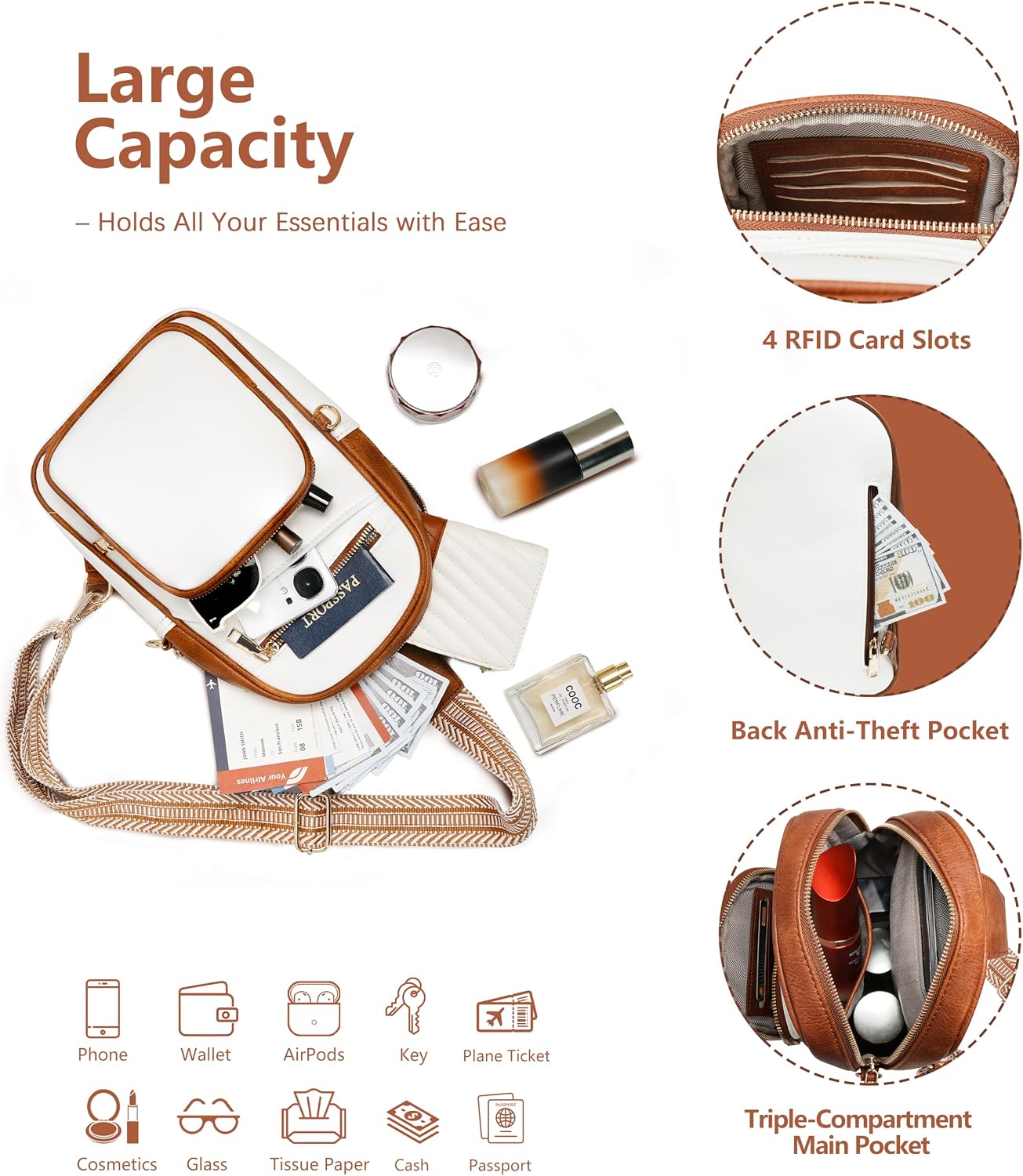 Bolso bandolera antirrobo cuero vegano para mujer