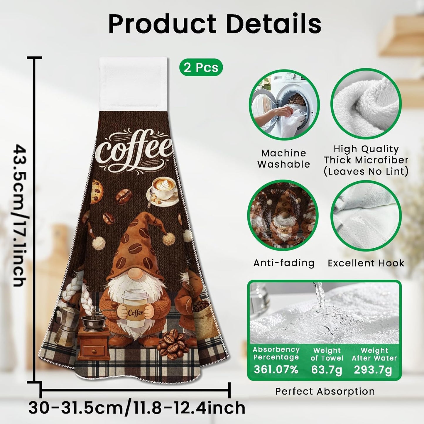 Juego de 2 toallas de cocina colgantes con gnomos de café microfibra suave