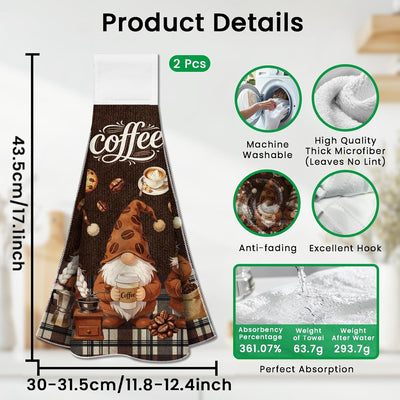 Juego de 2 toallas de cocina colgantes con gnomos de café microfibra suave