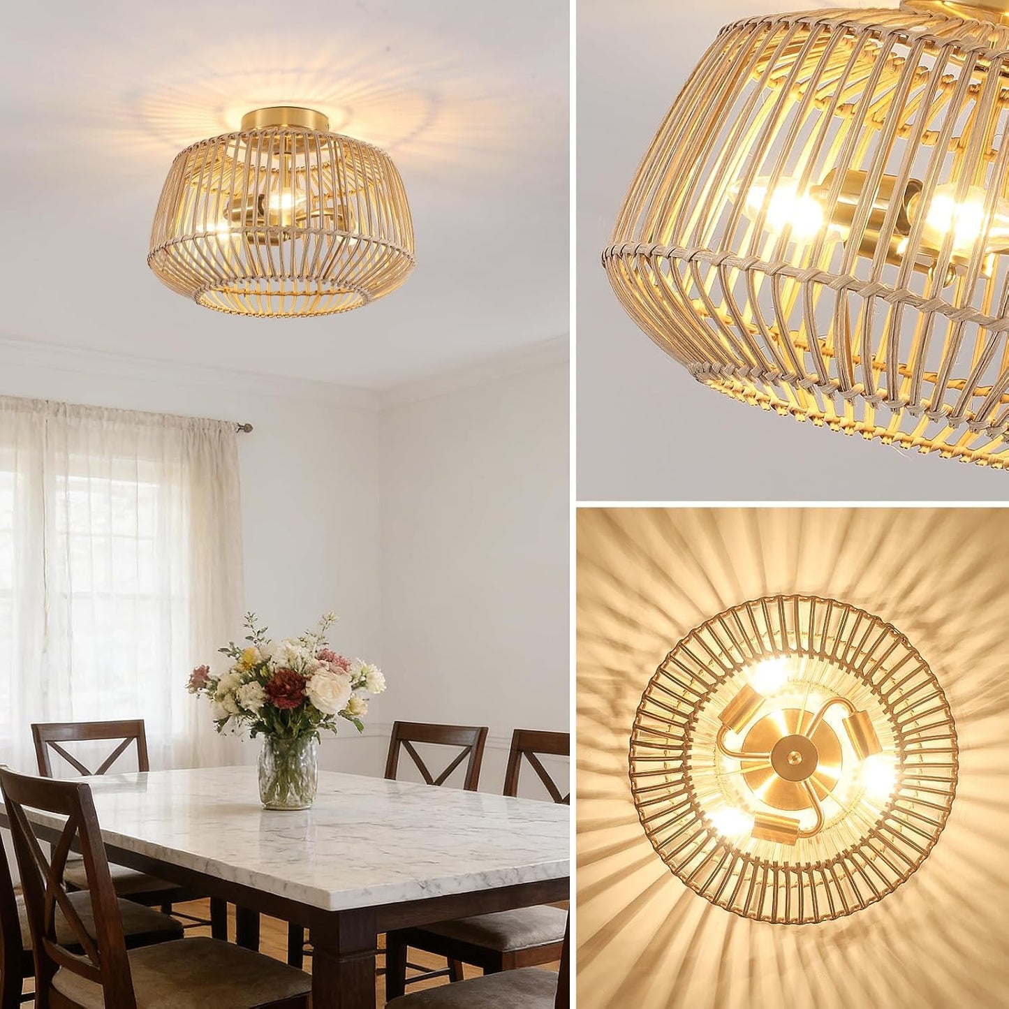 Lámpara techo ratán 3 luces dorada bohemia dormitorio