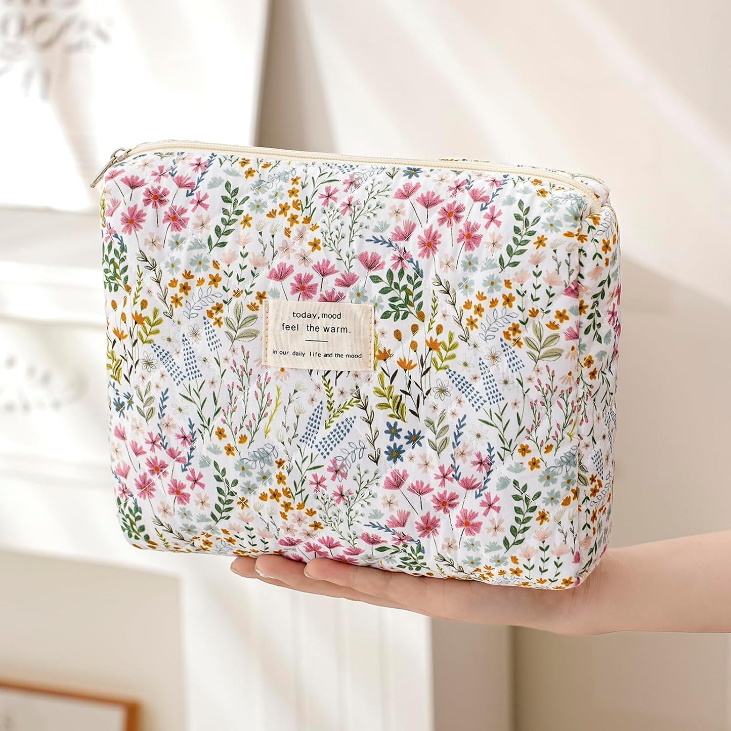 Bolsa maquillaje algodón acolchada 2 pzas floral para mujer