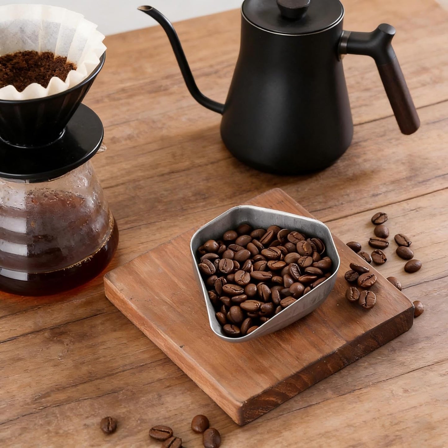 Taza dosificadora de grano de café de acero inoxidable con bandeja de té y herramientas de cerámica