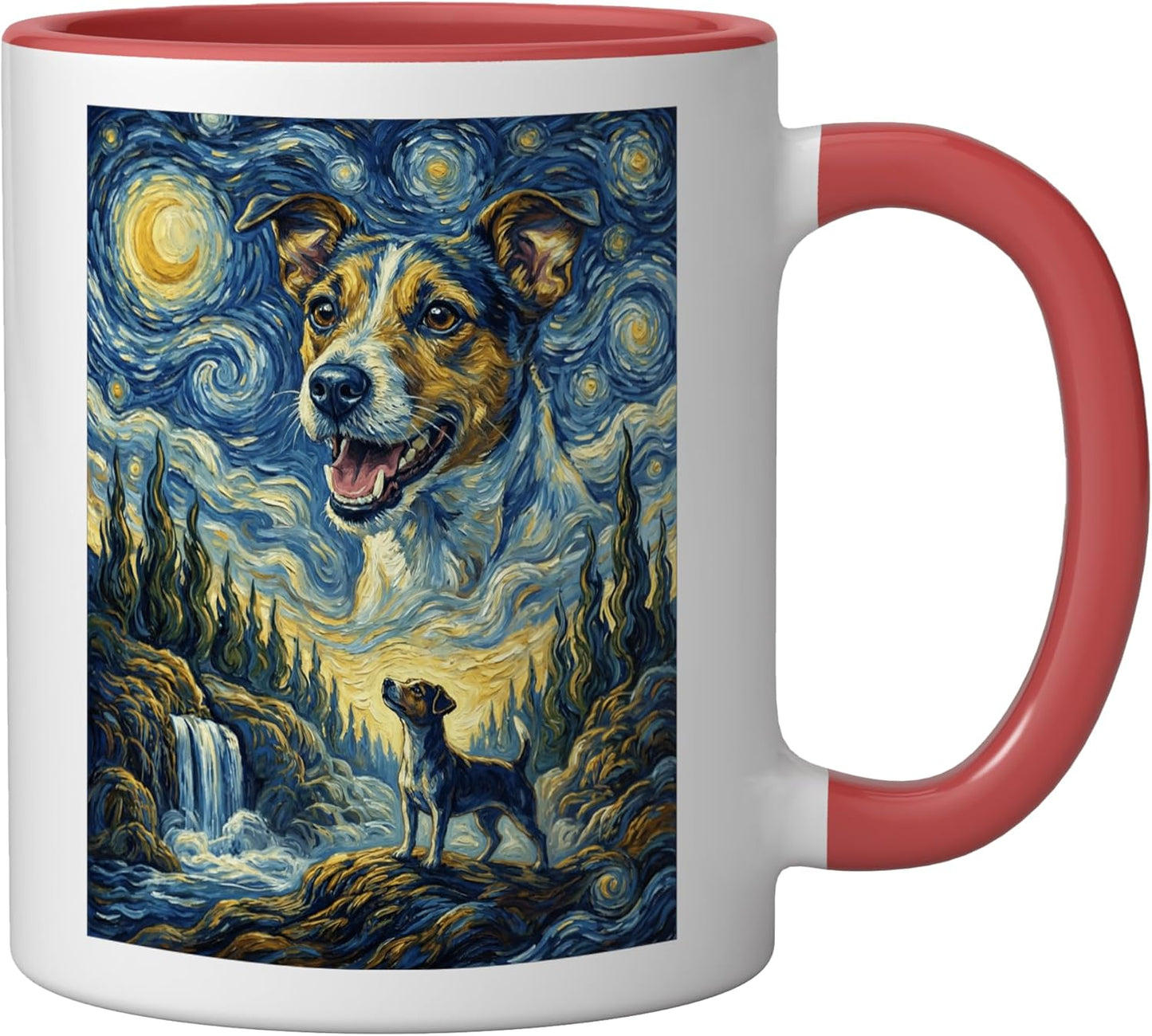 Taza Cerámica Estilo Van Gogh Luna Perro Jack Russell Rojo/Blanco