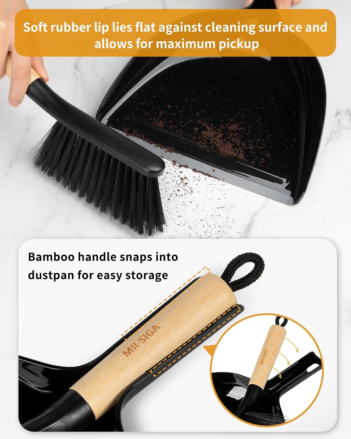 Juego recogedor y cepillo portátil mango bambú negro